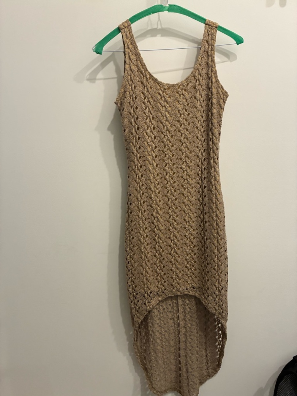 Tan Crochet Midi Dress with High-Low Hem